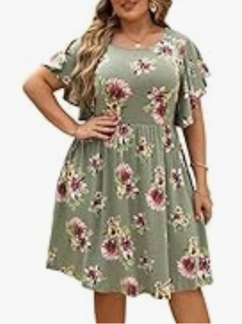 Nemidor Floral Midi Dress in Sage Green with Flutter Sleeves sz 18
